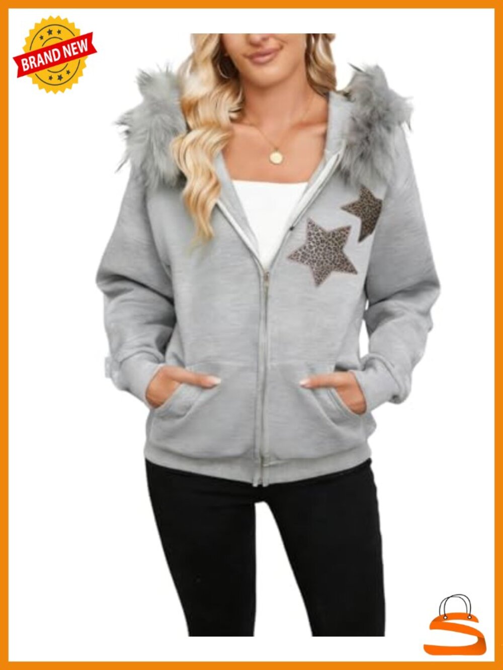 Zip Up Hoodie Fleece Star Graphic Faux Fur Trim Long Sleeve